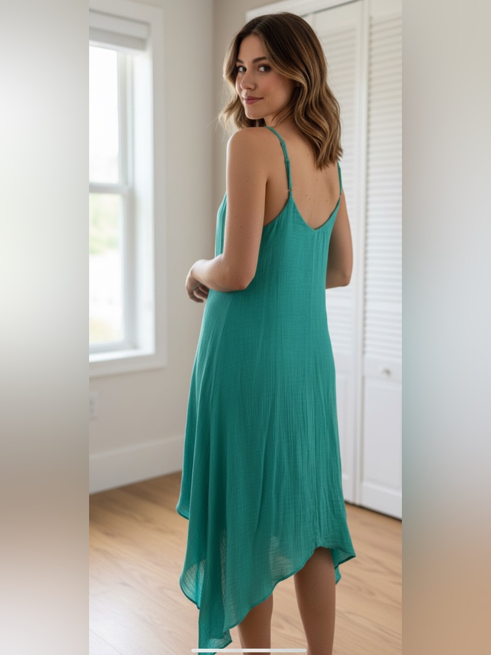 Luxology Teal Green Slip Dress with Handkerchief Hem - Picture 2 of 9